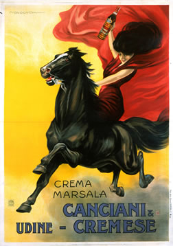 Woman in flowing gown rides horse while holding bottle; red, yellow, brown