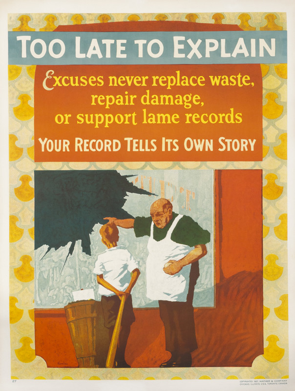 Boy with bat getting admonished by shopowner outside shop window with broken glass; orange, yellow, blue