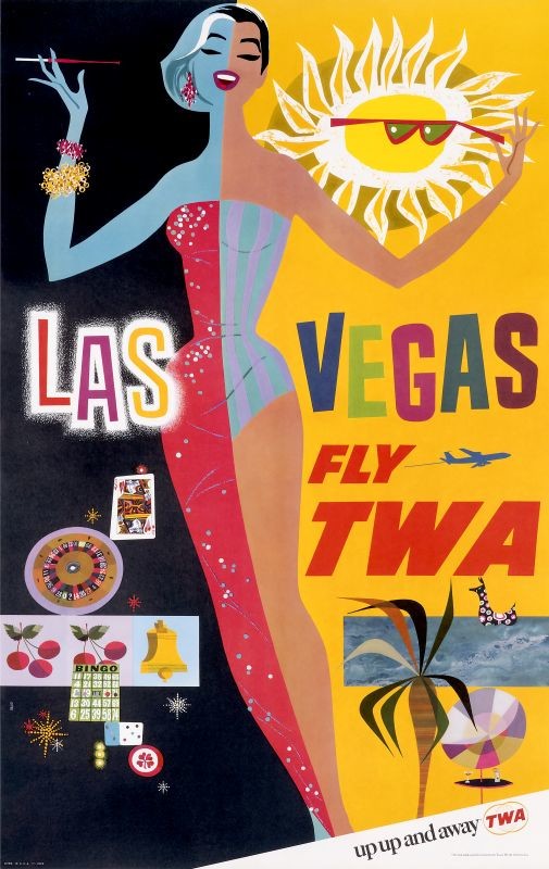 Glamorous woman half in evening dress, half in bathing suit with cards, roulette, sun, sea, beach, palm trees; black, yellow, red, blue