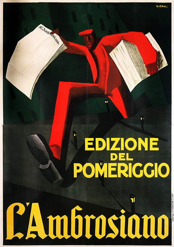 Gigantic stylized newsboy delivering papers running; red, green, black, white, yellow