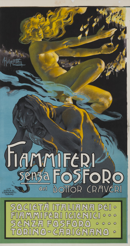 Devil like figure holds his head, naked young woman lights matches; Yellow, blue, green, turquoise