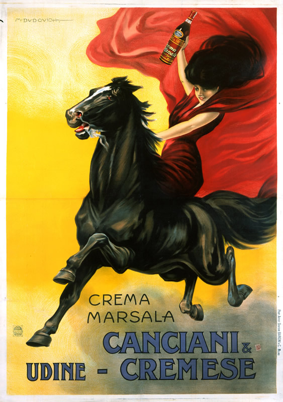 Woman in flowing gown rides horse while holding bottle; red, yellow, brown