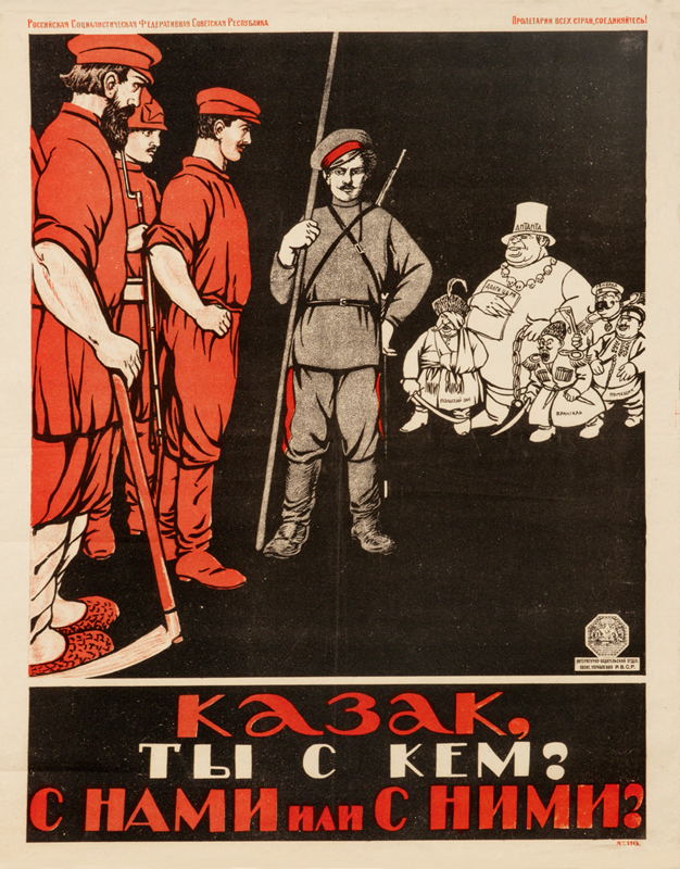 Cossack stands between Red workers and White capitalists; red, black, white