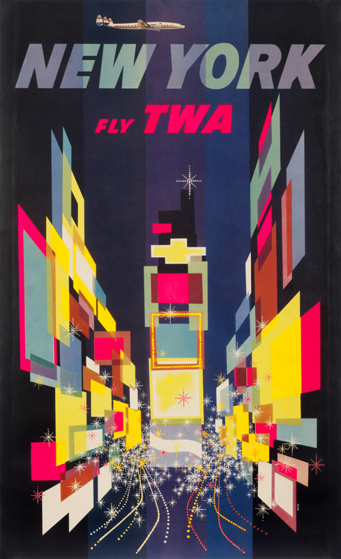 The bright lights and traffic of Times Square; black, pink, yellow, blue, purple