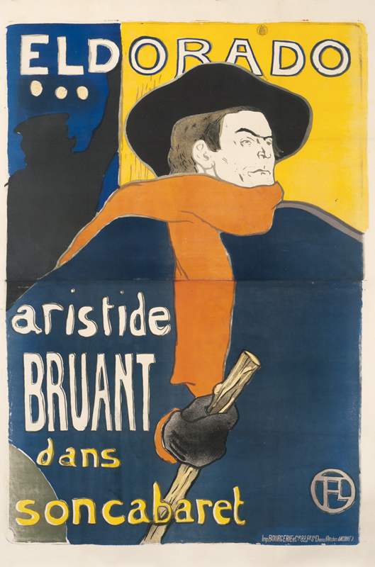 Aristide Bruant in front of theater with scarf, cap and cane; red, blue, yellow, black