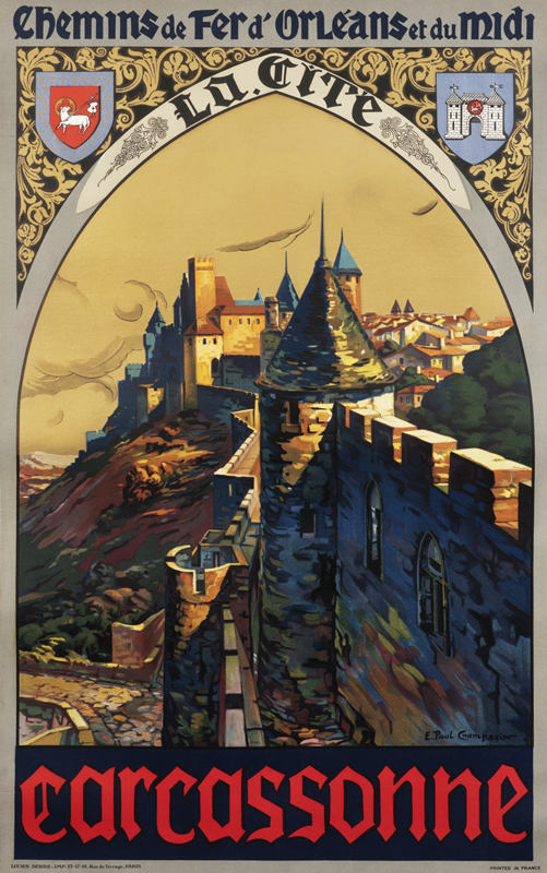 Painterly view of walled city; blue, pink, brown