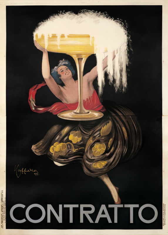 Woman holds up Champagne glass; red & gold on brown