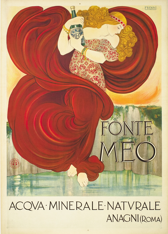 Goddess floats above fountain holding bottle of water; red, green, blue, yellow