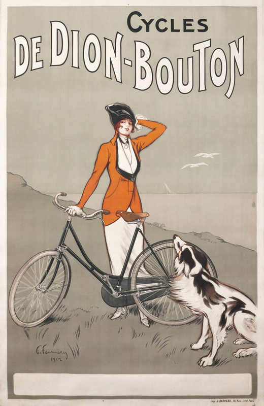 Woman with dog and bike by the seashore; gray, orange, black, white