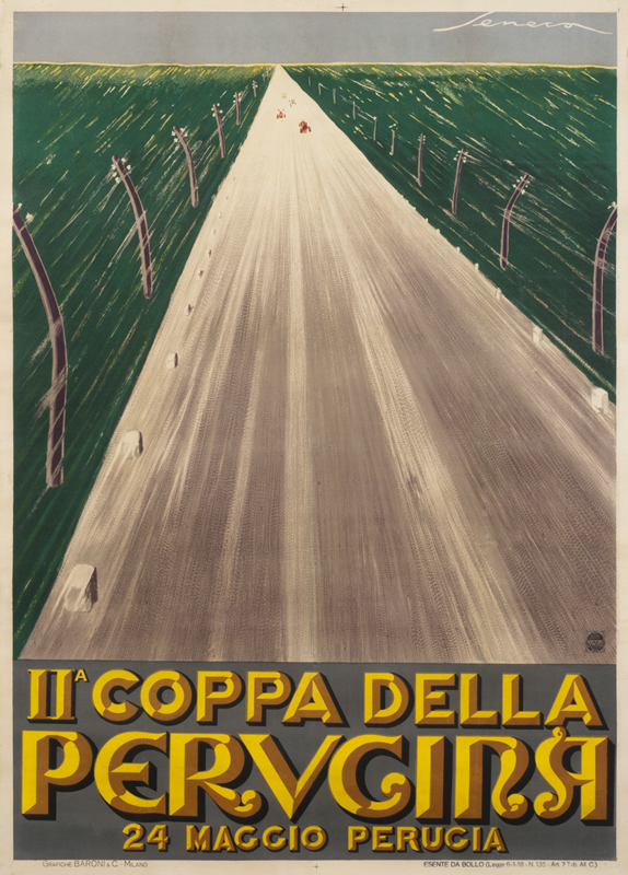 Tiny race cars speed into the distance down a racetrack; green, gold, red