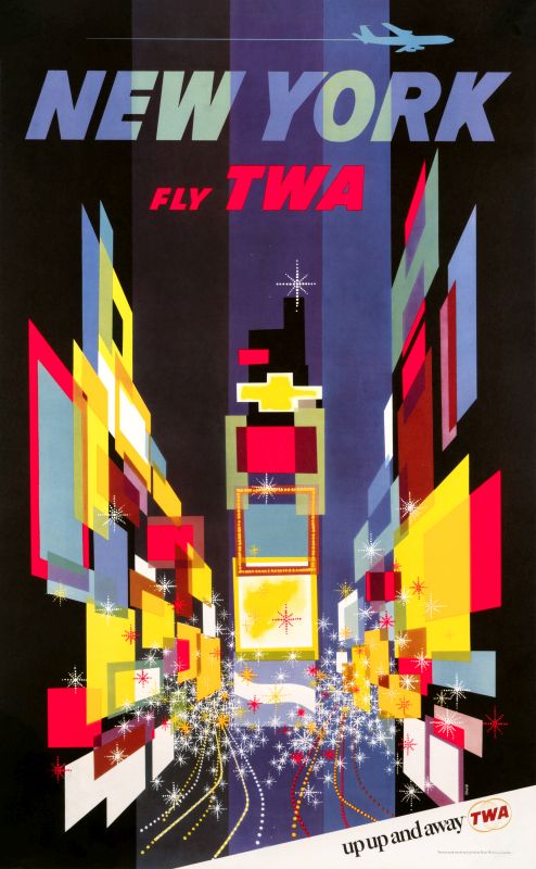 Bright lights and billboards of Times Square below plane; black, pink, yellow, blue, purple