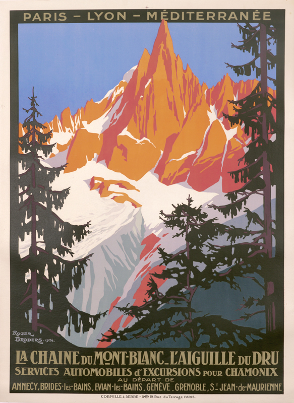 Mountain peaks and glacier through trees; orange, blue, green