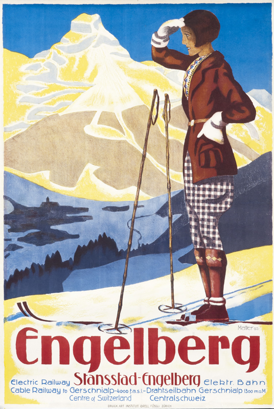 Woman on skis looks out over mountain; red, yellow, blue