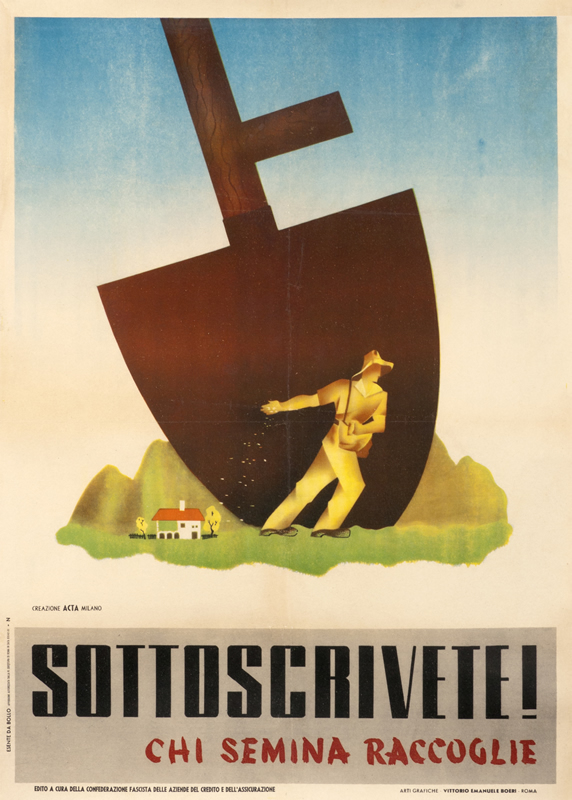 Farmer sows field before giant fascist shovel; green, brown, blue