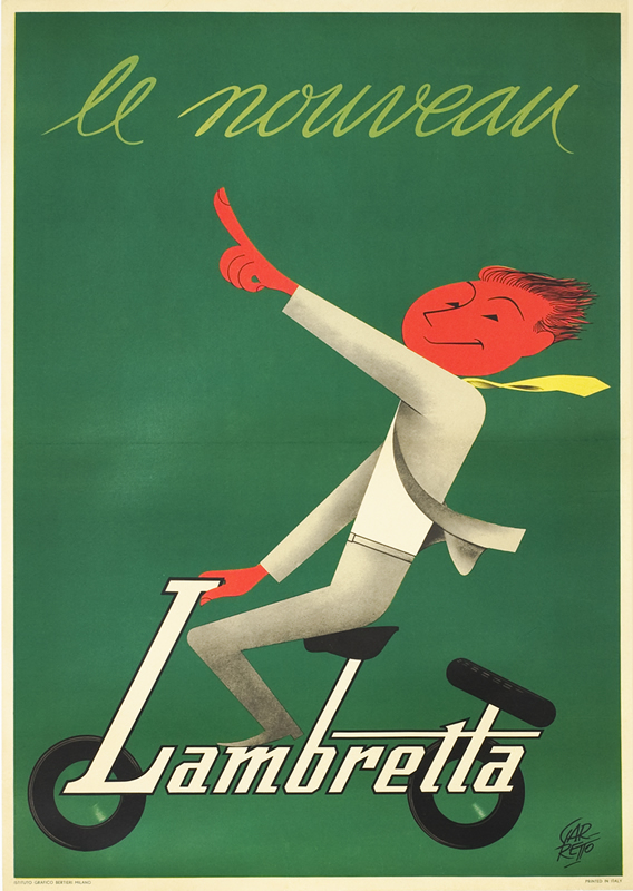 Cartoon-like man on motor scooter points to name of new model; green, yellow, gray, white