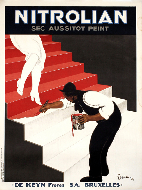 Main paints stairs as woman descends; red, black, white
