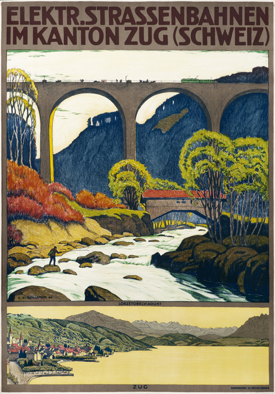 Train crosses valley and river on viaduct,  landscape below; brown, green, yellow, blue