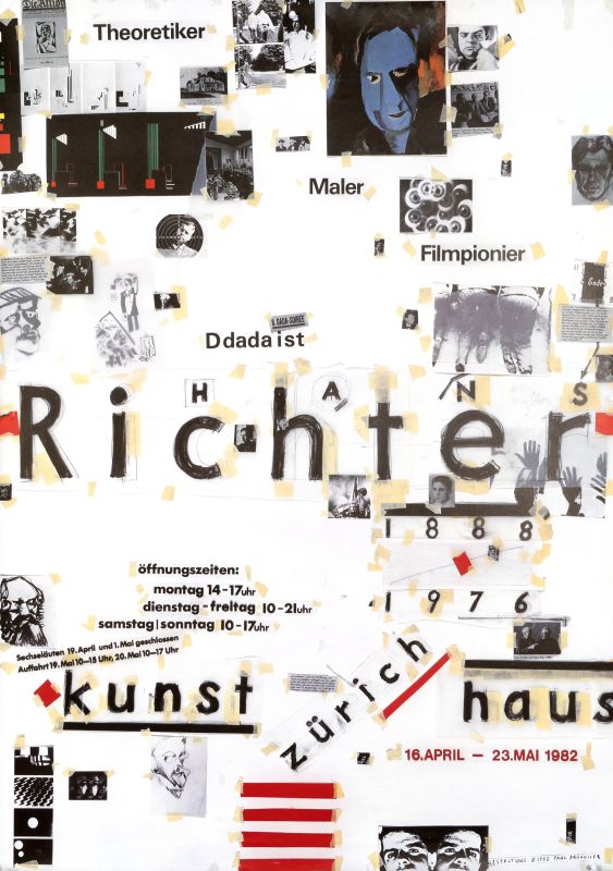 Various letters and text taped together for an exhibition on Dadaism; white, black, red