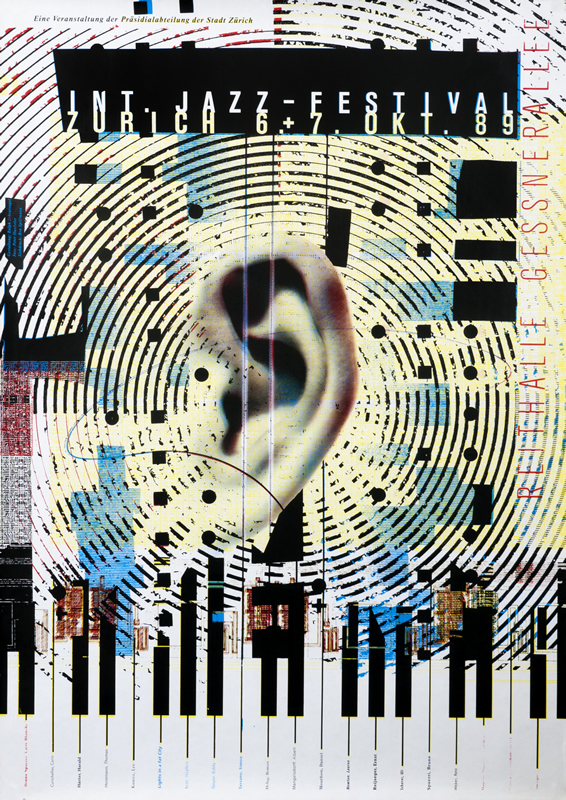 Ear enveloped by sound waves and circuits; yellow, white, black, blue