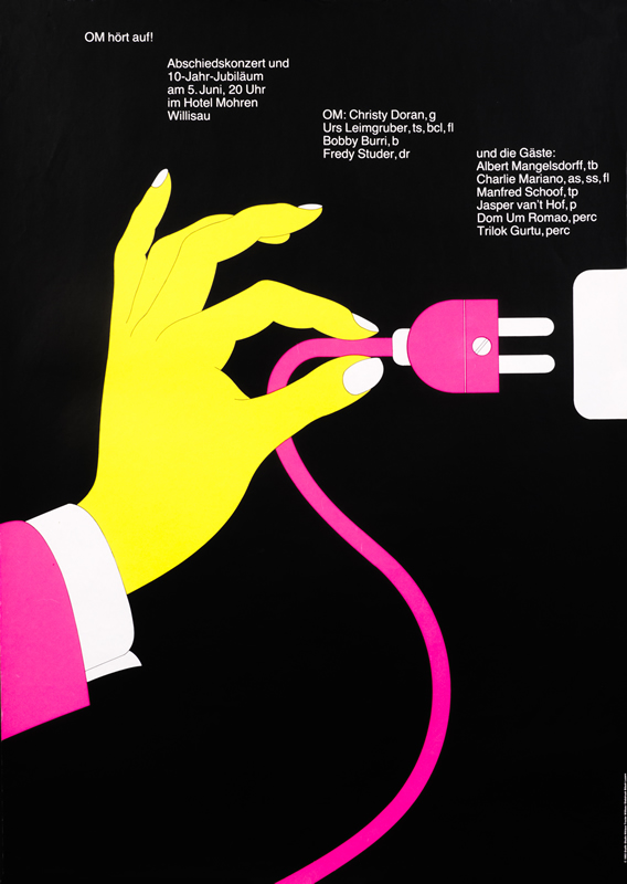 Elegant hand pulls out plug; neon pink, neon yellow, black