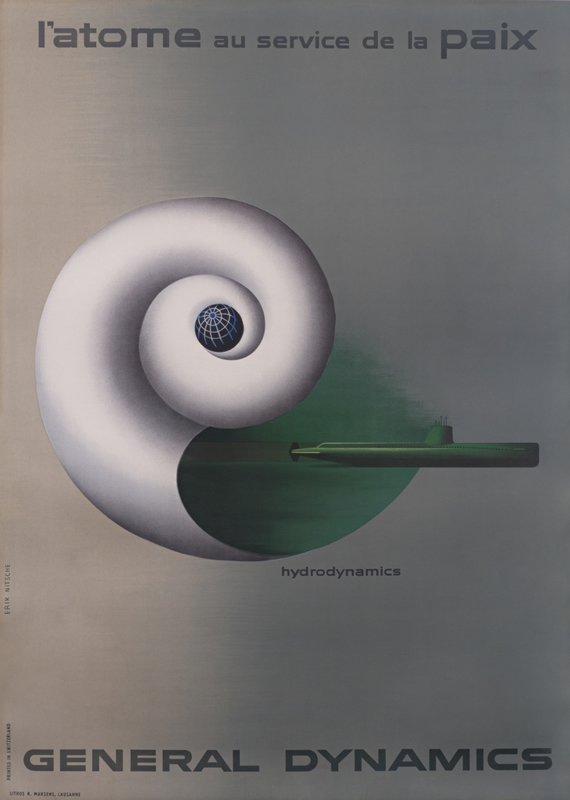 Nautilus shell and submarine; gray, white, green