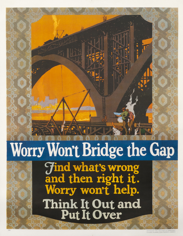 Men climbing up on bridge; orange, brown, blue