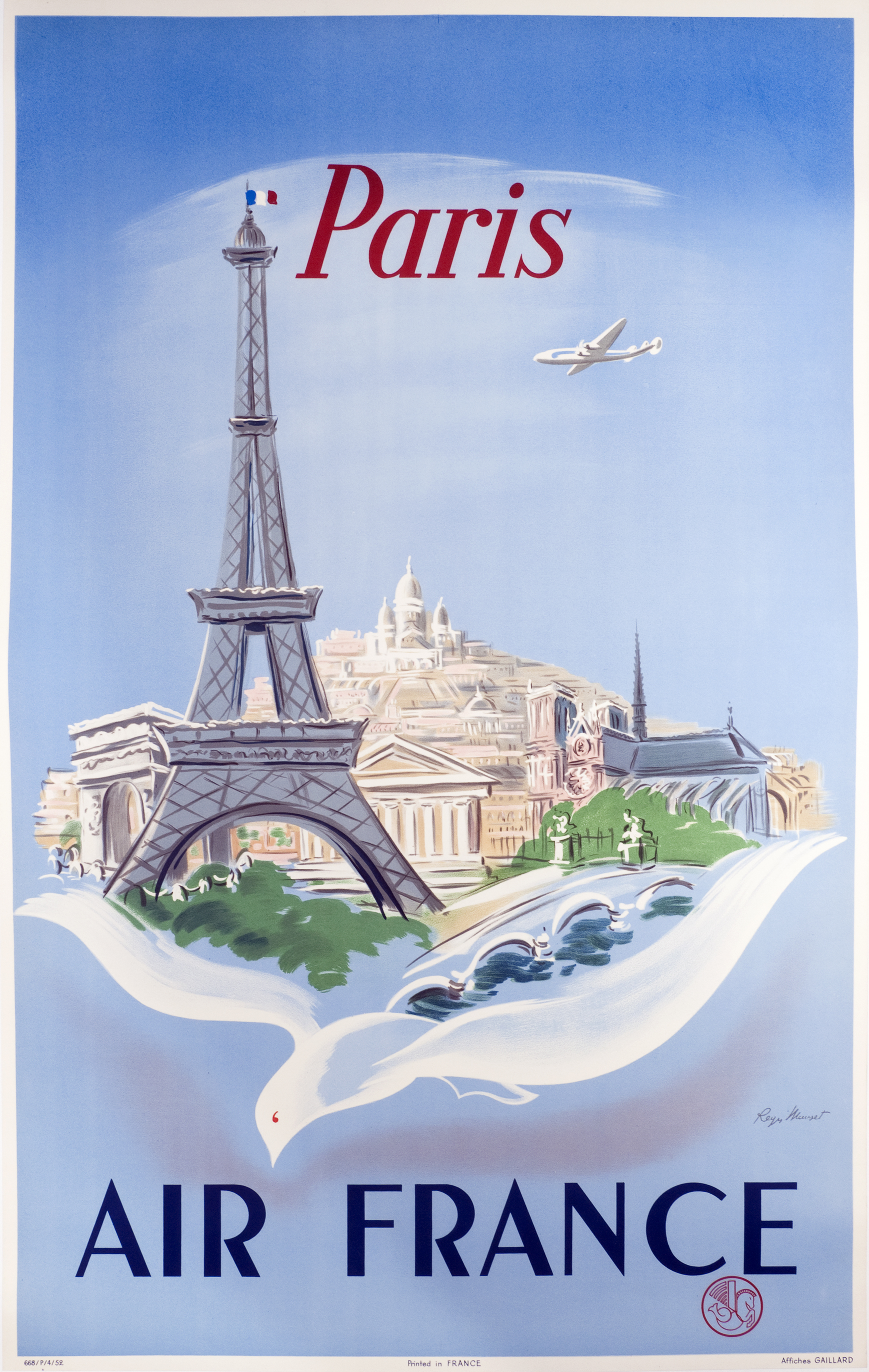 Bird flies below Eiffel Tower, Notre Dame and monuments of Paris and constellation; blue, white, red