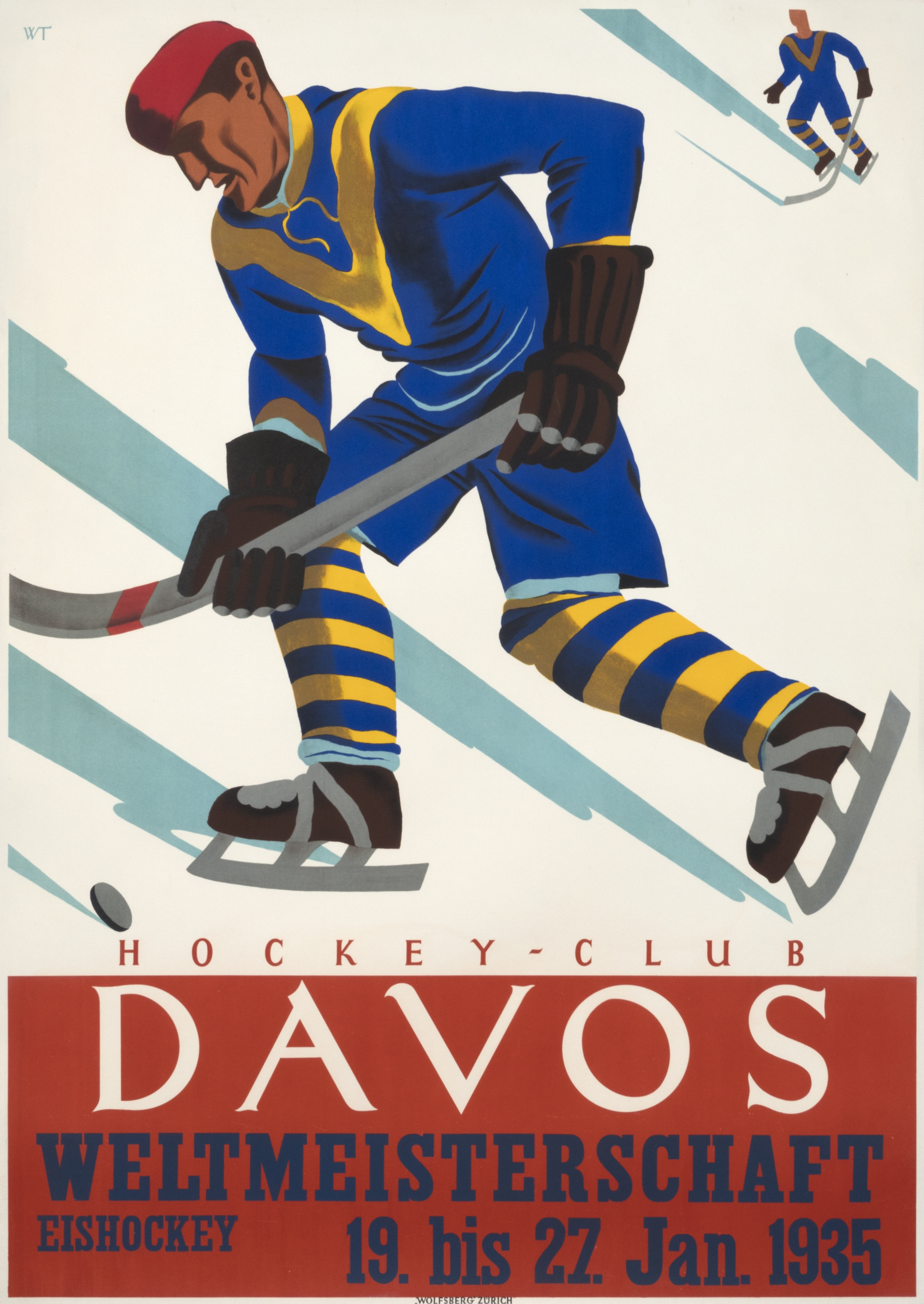 Hockey player racing after puck on the ice, competitor approaching from behind; yellow, red, blue