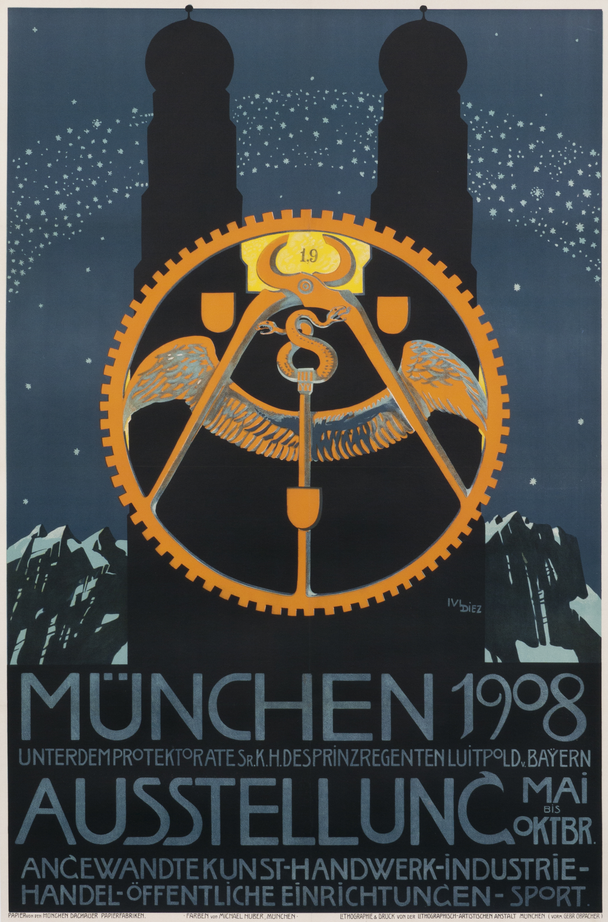 Emblem with Twin towers of Frauenkirche and mountains in distance; blue, orange, black