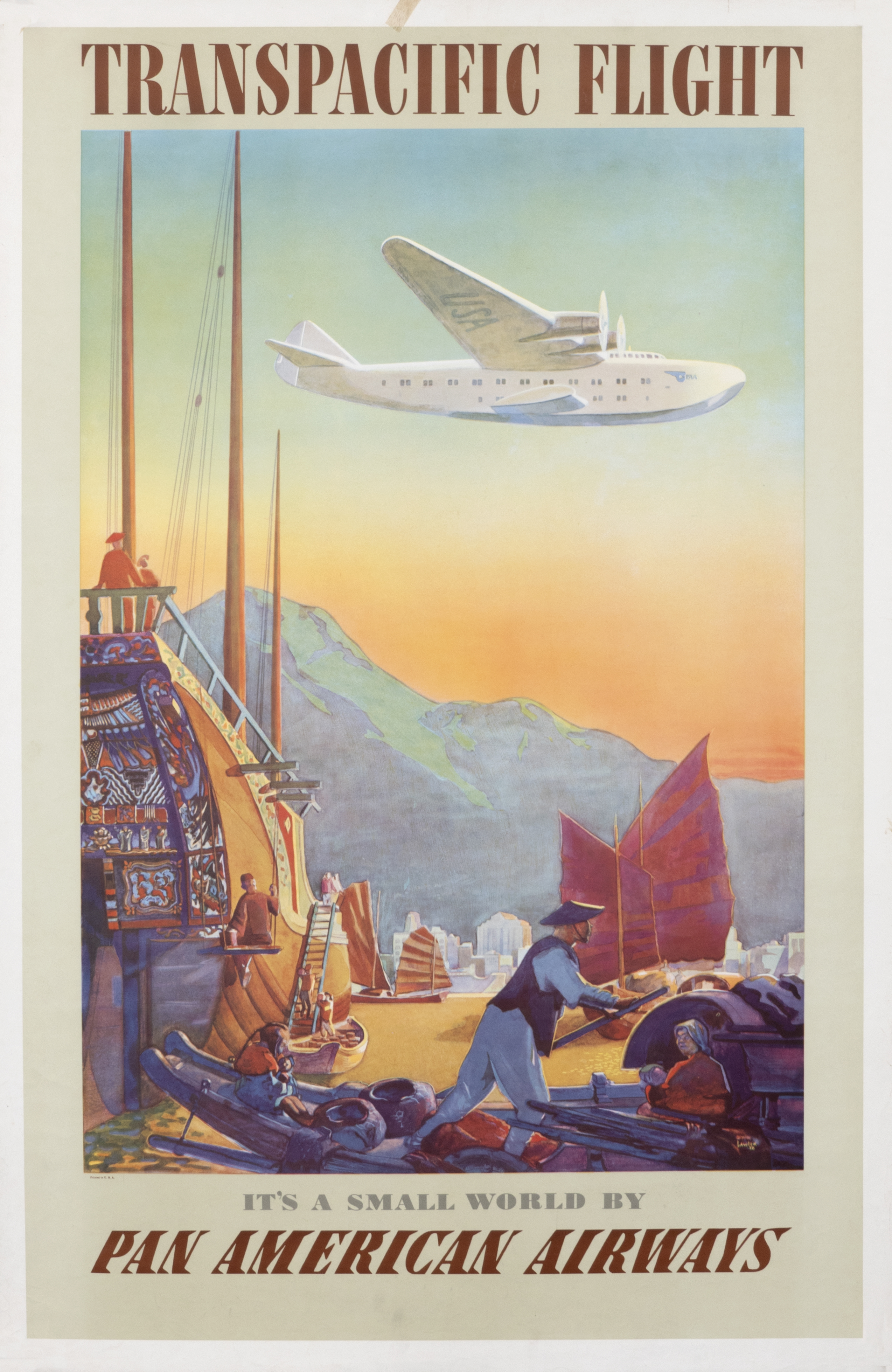 People loading ship and boat in front with plane overhead; orange, green, purple