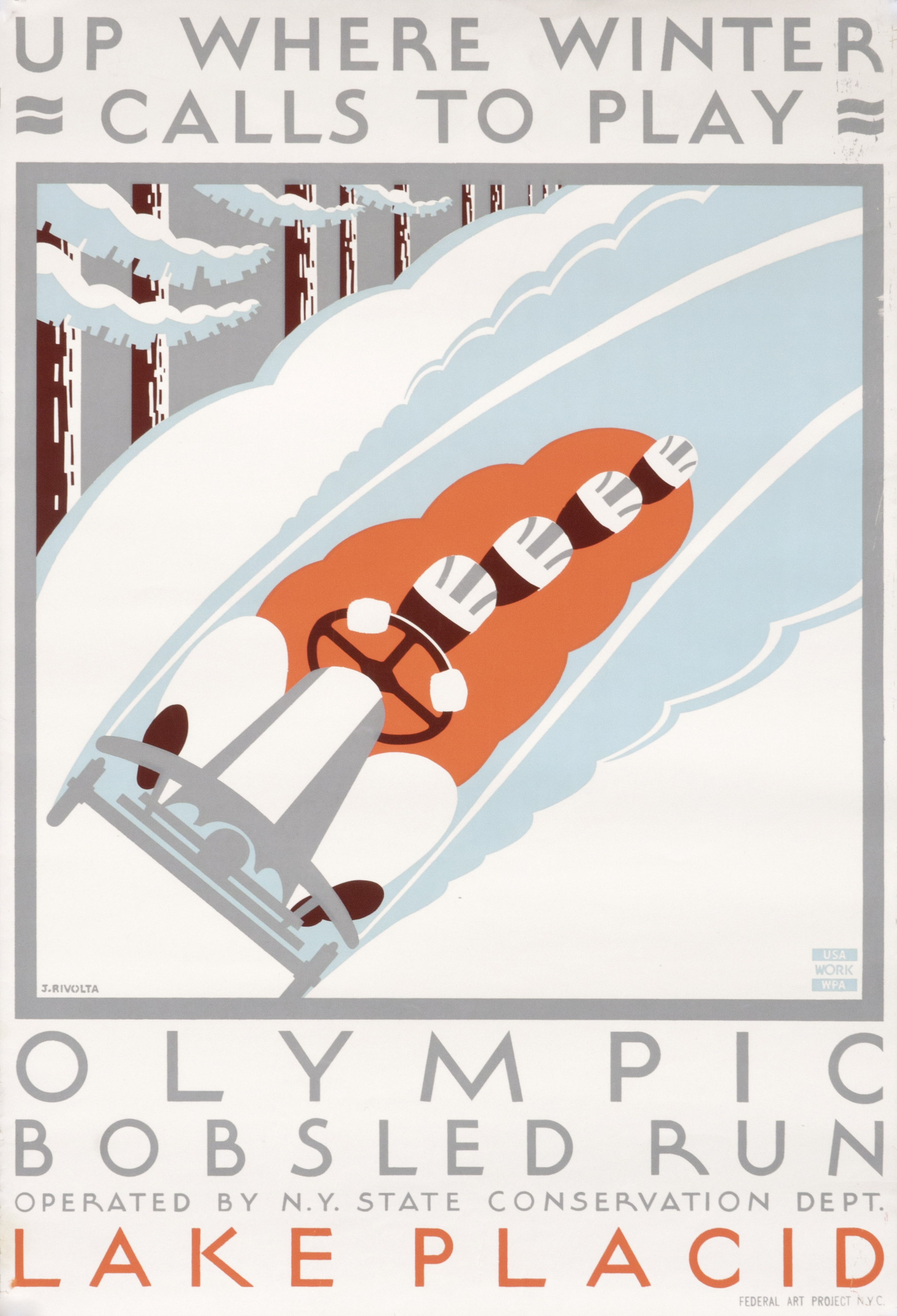 Four men on bobsled; red, white, gray