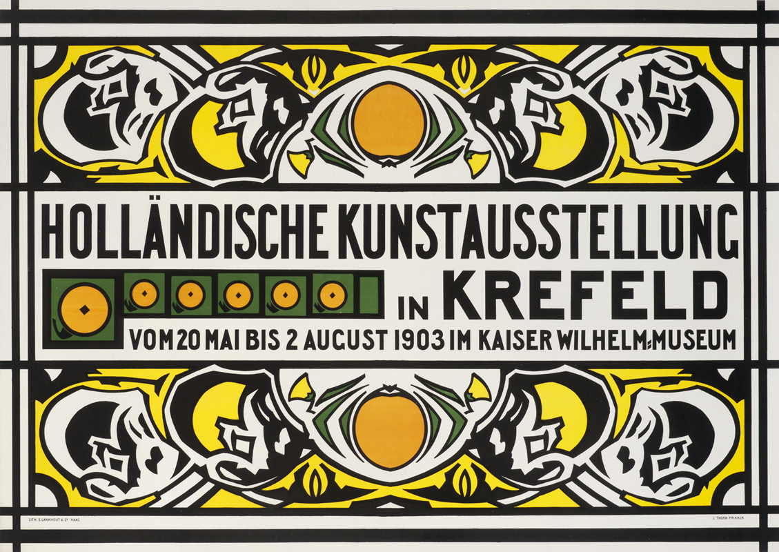 Intricate, horizontal geometric design for Dutch Art Exhibit; orange, yellow, black and green