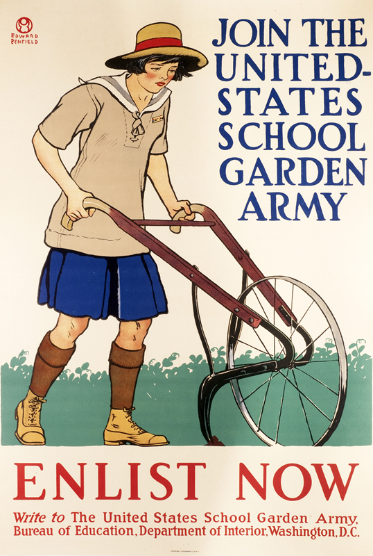 Little girl pushing old garden plow with wheel; blue, green, white, gray