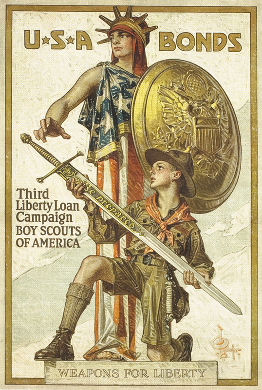 Boy Scout holds sword marked "Be Prepared" in front of Liberty; red, gold