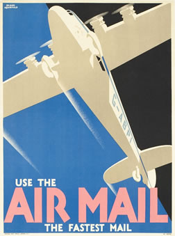 Royal Mail propeller airplane flies overhead; pink, blue, black, cream