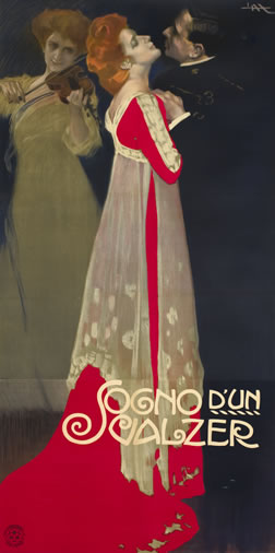 Officer and stylish woman dance with violinist behind; red, blue, beige