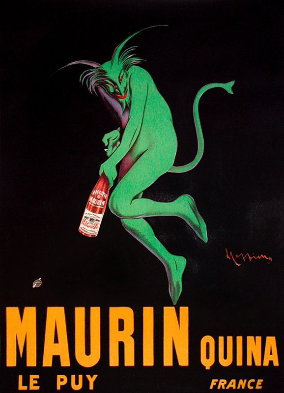 Grinning devil leaps while holding bottle; green, black, orange