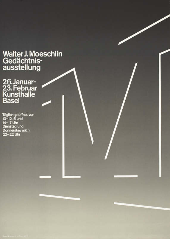 Abstract "M" with text; gray, white