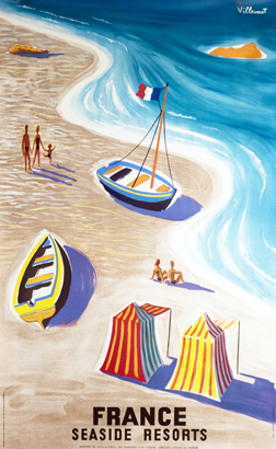 Beach and ocean with sunbathers, boats, and cabana; blue, brown, yellow, red