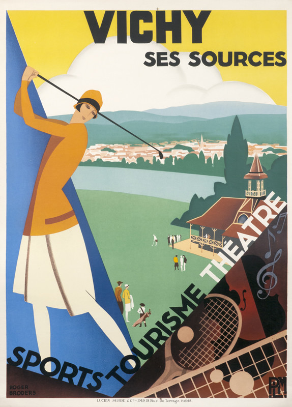 woman golfer with river scene and club with tennis racquet and violins; yellow, blue, orange, green