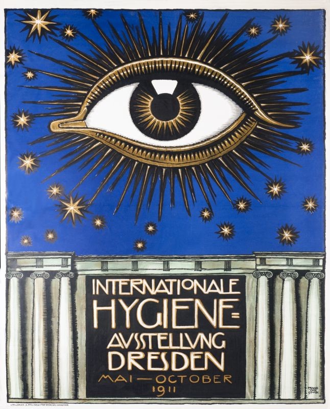 Large eye, starry night, columned building; blue, gold, gray