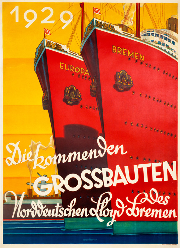 Red bows of Ocean liners Europa and Bremen with harbor in background; red, yellow, blue, green