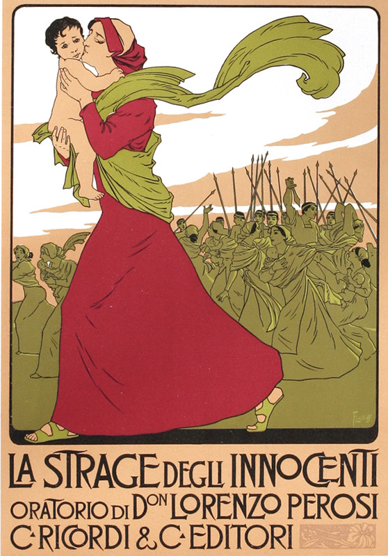 Woman in red dress saves baby from advancing army; red, green, tan