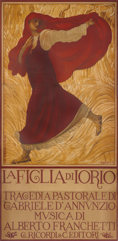 Woman under shawl hastens through wheat field, avoiding armed men; red, yellow, gold