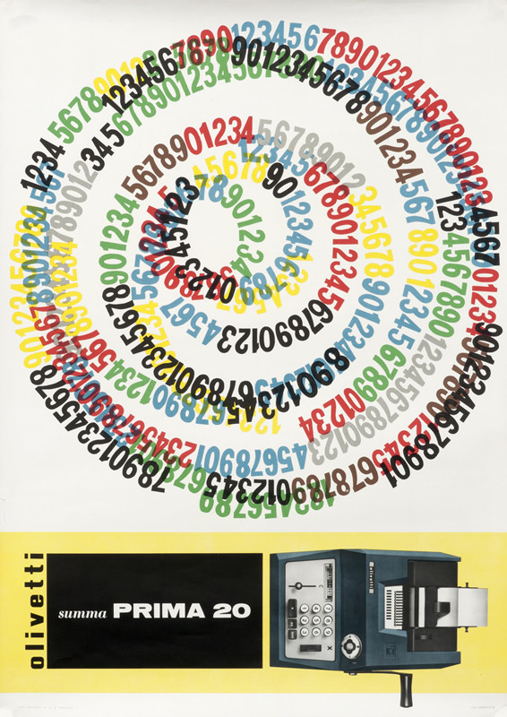 Circular number design on top with images of calculators at the bottom; yellow, black, red, blue, green, white