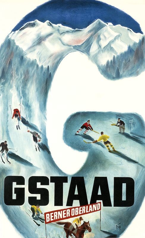 The letter G with a view of the mountains, winter sports, skiing, hockey, horseback riding; blue, white