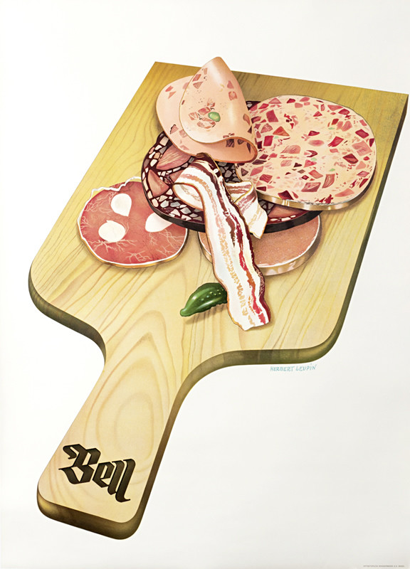 Bell carving board with ham, bacon, etc; pink, beige