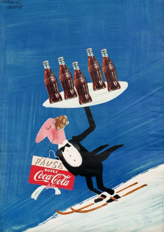 Waiter carries tray of Coke as he skis down slope; blue, black, red, white