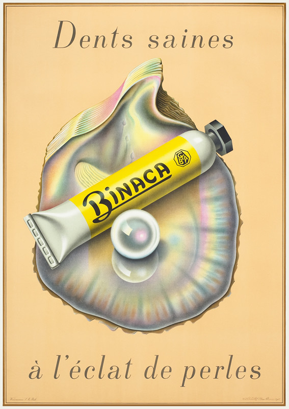 Pearl and binaca tube on pearl shell; orange, yellow, gray