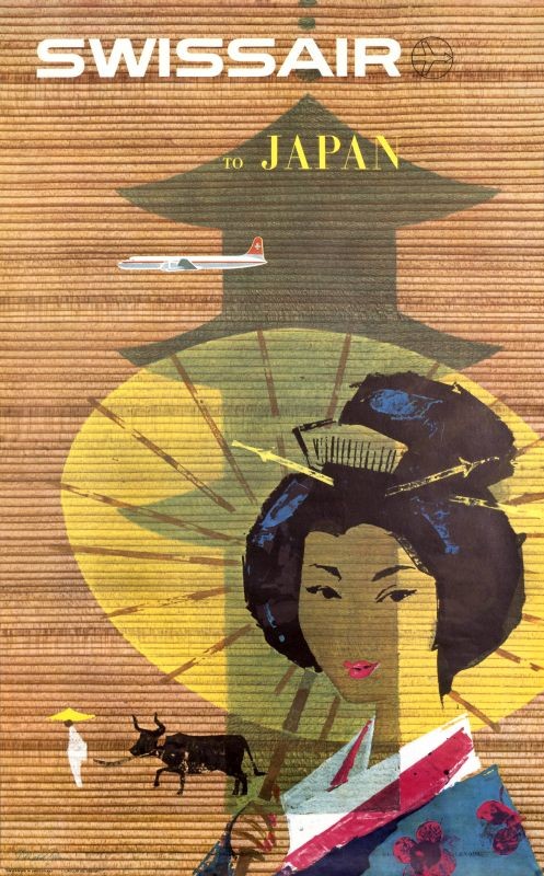 Woman in traditional japanese dress, kimono, with umbrella, traditional architecture, pagoda, man walking ox in background, constellation; brown, yellow, black, blue, pink